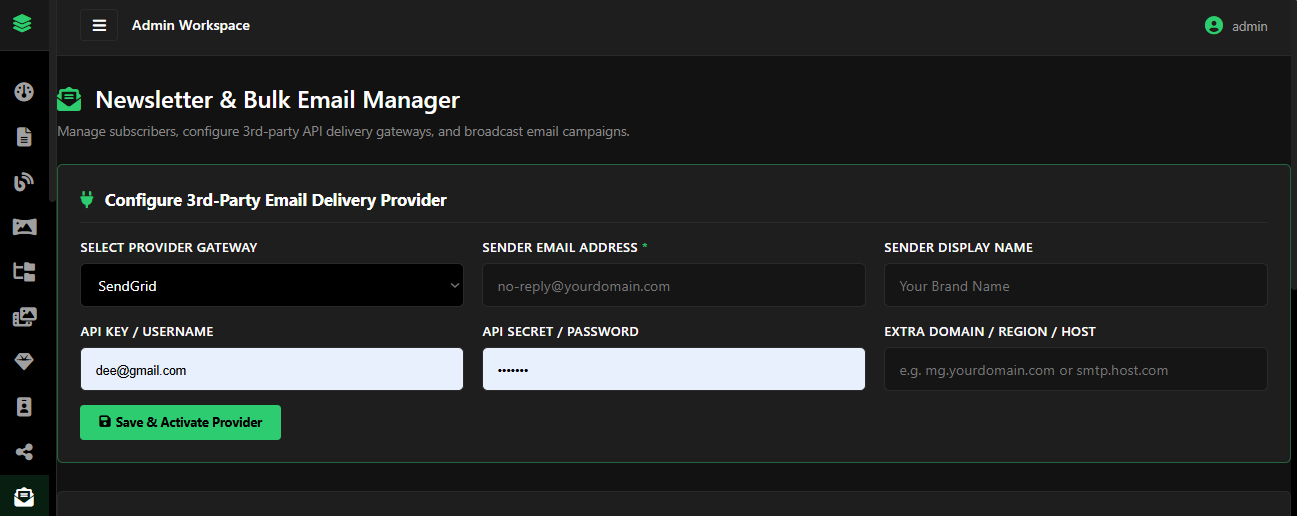 Subscriber list and email campaign management panel